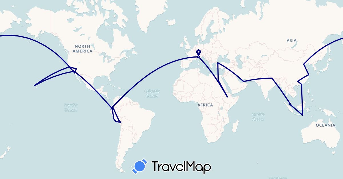 TravelMap itinerary: driving in United Arab Emirates, China, Ecuador, Egypt, Ethiopia, Indonesia, Italy, Malaysia, Nepal, Peru, Singapore, Turkey, United States (Africa, Asia, Europe, North America, South America)
